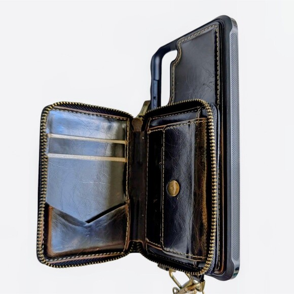 Samsung Galaxy S21 Ultra RFD Blocking Zipper Wallet Case Crossbody Strap Coffee - Picture 3 of 4